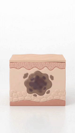 Cream sitting on top of thick body skin, unable to reach the buried pigment